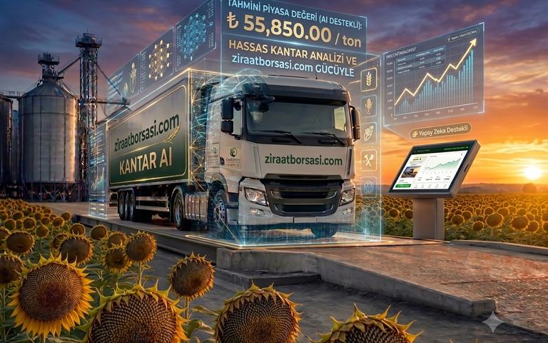 Kantar AI görseli: tarım ürünü yüklü tır bir kamyon kantarında tartılıyor; yanındaki dijital ekranlarda ton başına tahmini piyasa değeri ve fiyat grafiği görünüyor, arka planda ayçiçeği tarlası ve tahıl siloları yer alıyor.